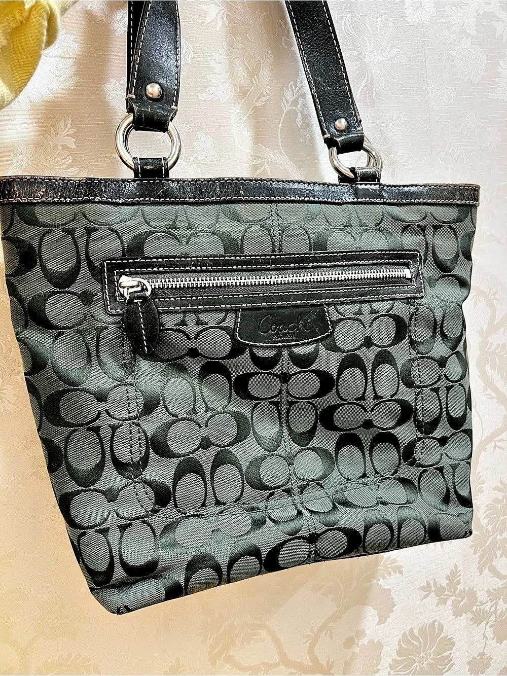 Coach Gallery Signature Zip Tote Shoulder Bag Green & Black